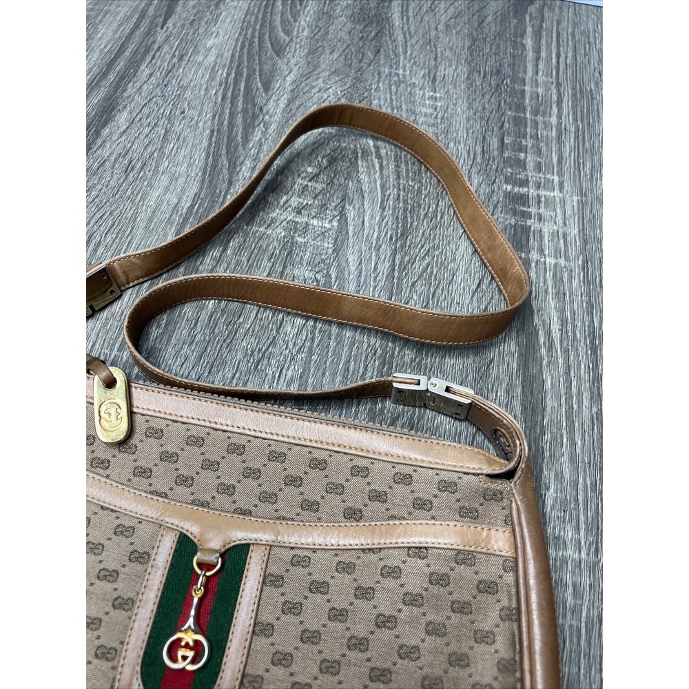 GUCCI Micro Sherry Line GG Bit Canvas Brown Leather Shoulder Bag Purse VTG Rare! - Picture 5 of 16